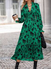 SHEIN Clasi Vestido con estampado floral de manga con volante bajo con fruncido - Verde - Ver 5