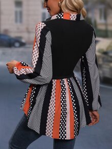 SHEIN LUNE Polka Dot & Striped Print Lantern Sleeve Asymmetrical Hem 2 In 1 Blouse - Black - View 2