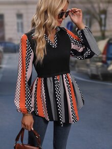 SHEIN LUNE Polka Dot & Striped Print Lantern Sleeve Asymmetrical Hem 2 In 1 Blouse - Black - View 3