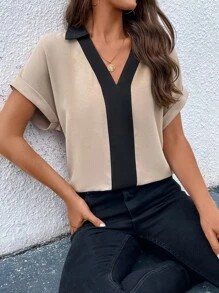 SHEIN Clasi Colourblock Batwing Sleeve Blouse - Apricot - View 4