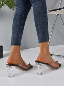 Clear Strap Chunky Heeled Mules - Black - View 2