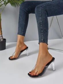 Clear Strap Chunky Heeled Mules - Black - View 5