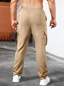 Manfinity Homme Men Drawstring Waist Flap Pocket Cargo Trousers - Khaki - View 2