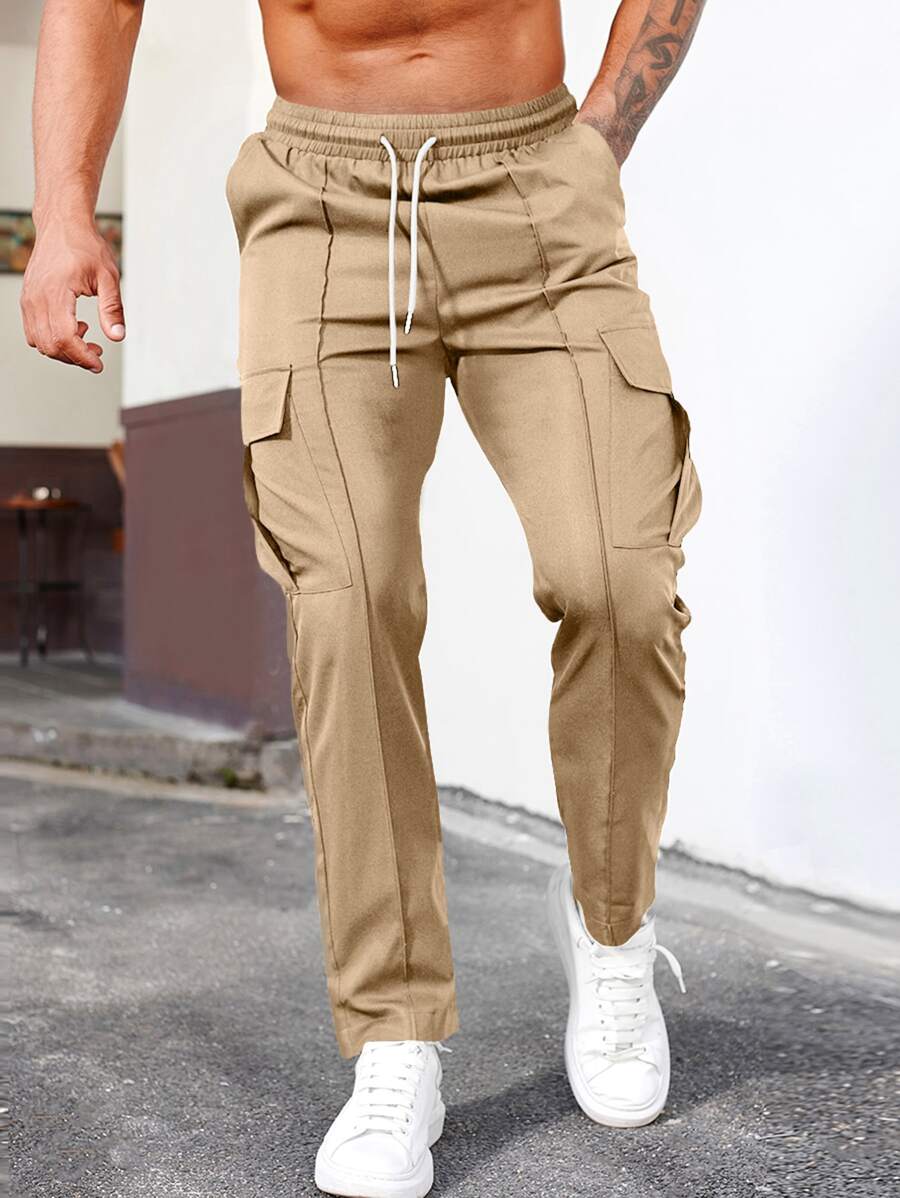 Manfinity Homme Men Drawstring Waist Flap Pocket Cargo Trousers - Khaki - View 1