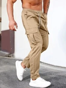 Manfinity Homme Men Drawstring Waist Flap Pocket Cargo Trousers - Khaki - View 5