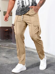 Manfinity Homme Men Drawstring Waist Flap Pocket Cargo Trousers - Khaki - View 7