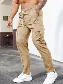 Manfinity Homme Men Drawstring Waist Flap Pocket Cargo Trousers - Khaki - View 8
