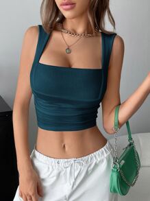 Muchica Square Neck Ruched Crop Tank Top - Teal Blue - View 1