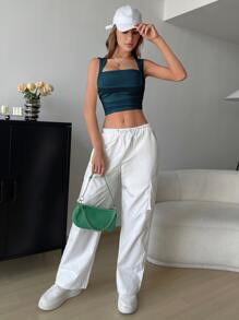 Muchica Square Neck Ruched Crop Tank Top - Teal Blue - View 3