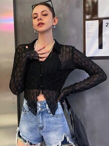 SHEIN Button Front Lettuce Trim Asymmetrical Hem Mesh Shirt Without Cami - Black - View 1