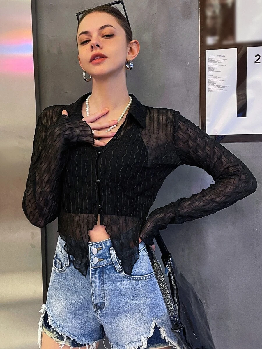 SHEIN Button Front Lettuce Trim Asymmetrical Hem Mesh Shirt Without Cami - Black - View 1