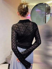 SHEIN Button Front Lettuce Trim Asymmetrical Hem Mesh Shirt Without Cami - Black - View 2