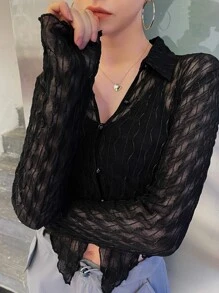 SHEIN Button Front Lettuce Trim Asymmetrical Hem Mesh Shirt Without Cami - Black - View 3