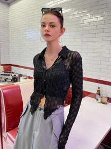 SHEIN Button Front Lettuce Trim Asymmetrical Hem Mesh Shirt Without Cami - Black - View 4