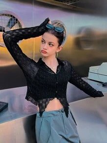 SHEIN Button Front Lettuce Trim Asymmetrical Hem Mesh Shirt Without Cami - Black - View 5