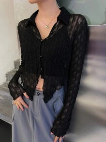 SHEIN Button Front Lettuce Trim Asymmetrical Hem Mesh Shirt Without Cami - Black - View 6