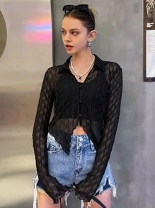 SHEIN Button Front Lettuce Trim Asymmetrical Hem Mesh Shirt Without Cami - Black - View 8