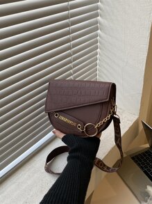 Mini Letter Graphic Crocodile Embossed Flap Saddle Bag - Chocolate Brown - View 1