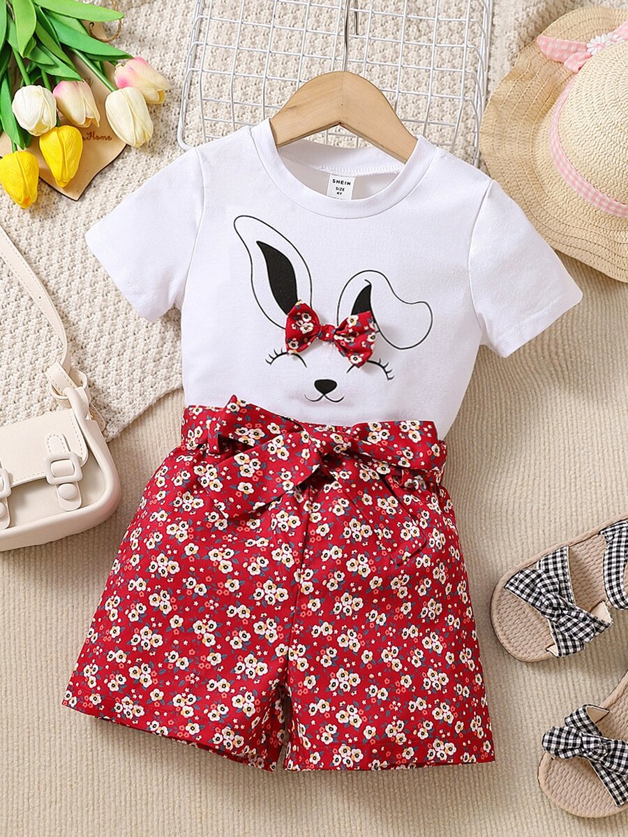 Toddler Girls Rabbit Print Bow Front Tee & Floral Print Shorts - Multicolor - View 1