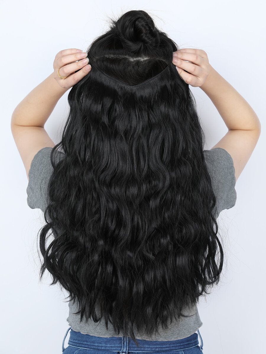 22英寸U型夹式接发片，黑色，自然波浪卷合成纤维假发片
