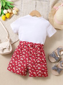 Toddler Girls Rabbit Print Bow Front Tee & Floral Print Shorts - Multicolor - View 2