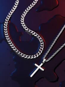 Fashionable and Popular 2pcs Men Cross Charm Necklace, Stainless Steel Jewelry for Jewelry Gift and for a Stylish Look - Silver - View 2