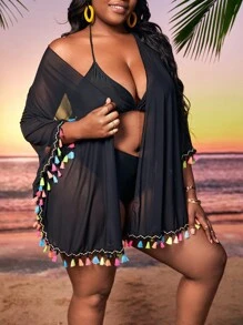 SHEIN Swim Curve Plus Tassel Trim Open Front Kimono - Black - View 1
