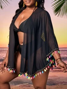 SHEIN Swim Curve Plus Tassel Trim Open Front Kimono - Black - View 4
