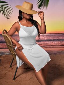 Plus Split Thigh Cover Up Dress Without Bikini Set - White - View 1