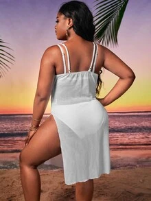 Plus Split Thigh Cover Up Dress Without Bikini Set - White - View 2