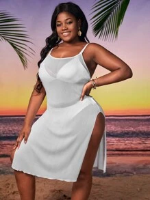 Plus Split Thigh Cover Up Dress Without Bikini Set - White - View 3