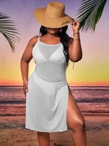 Plus Split Thigh Cover Up Dress Without Bikini Set - White - View 4