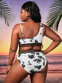 Conjunto de bikini de talla grande con diseño Tie Dye y cuello asimétrico para verano en la playa - Blanco y Negro - Ver 2