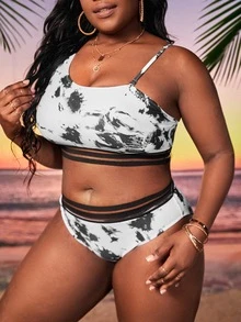 Conjunto de bikini de talla grande con diseño Tie Dye y cuello asimétrico para verano en la playa - Blanco y Negro - Ver 3