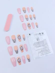 24pcs/set Medium Length Coffin Shaped Floral Design False Nails With 1pc Nail Tape & 1pc Nail File - Multicolor - View 2