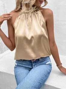 SHEIN Clasi 素色後鎖孔繞頸襯衫 - 卡其色 - 查看 1