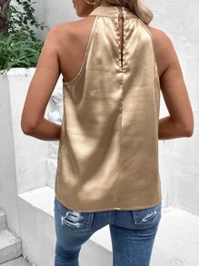 SHEIN Clasi 素色後鎖孔繞頸襯衫 - 卡其色 - 查看 2