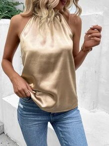 SHEIN Clasi 素色後鎖孔繞頸襯衫 - 卡其色 - 查看 4