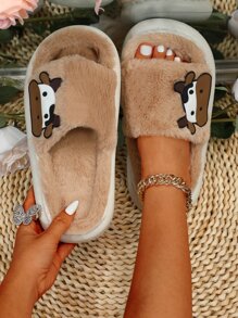 Cow Pattern Fluffy Bedroom Slippers - Khaki - View 1
