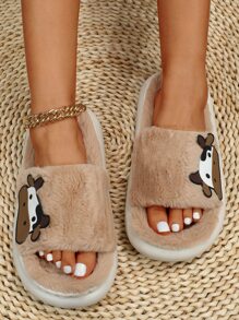 Cow Pattern Fluffy Bedroom Slippers - Khaki - View 2
