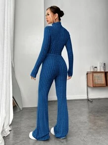 SHEIN EZwear Spring Mock Neck Crop Tee & Flare Leg Pants - Blue - View 2