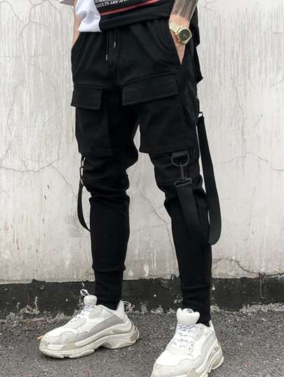 Guys Flap Pocket Buckle Detail Drawstring Waist Cargo Pants