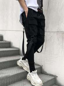 Manfinity EMRG Men Flap Pocket Buckle Detail Drawstring Waist Cargo Trousers - Black - View 6
