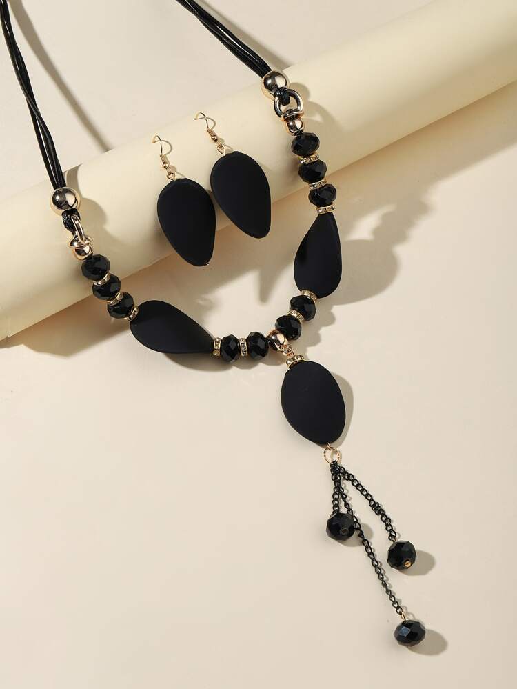 Bead Decor Oval Charm Necklace & Drop Earrings
