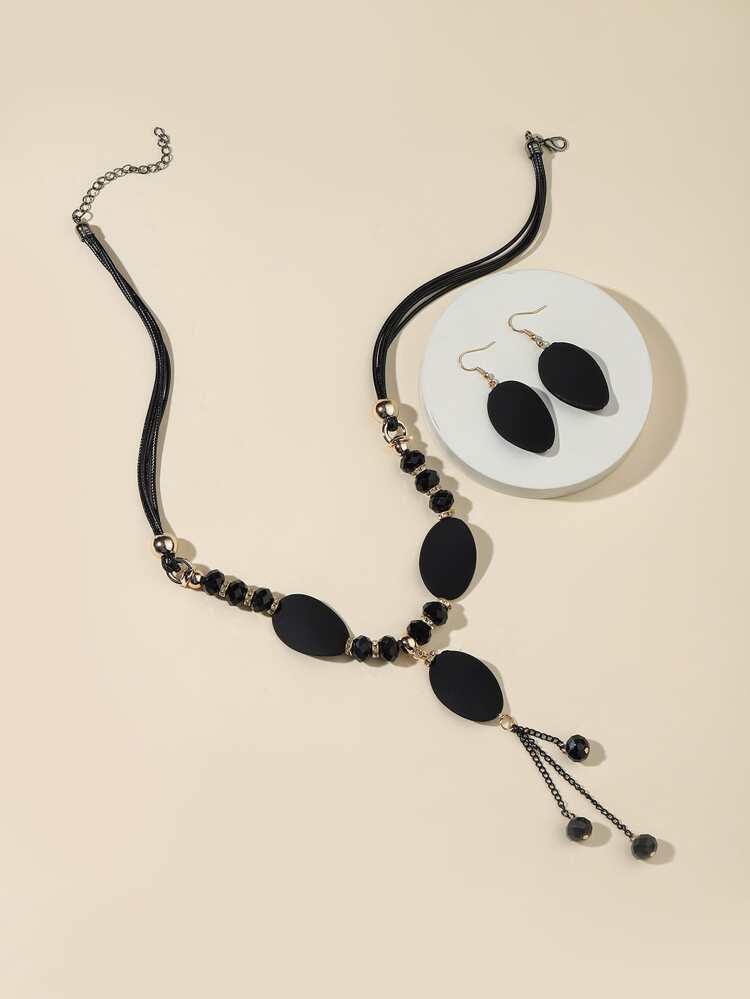 Bead Decor Oval Charm Necklace & Drop Earrings