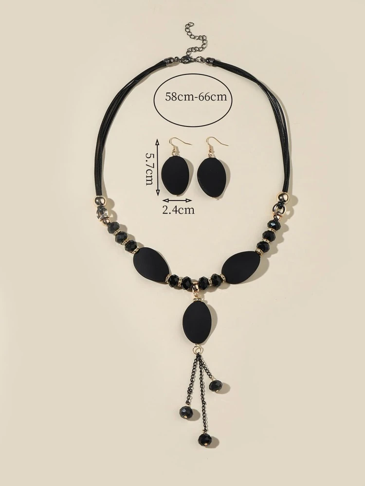 Bead Decor Oval Charm Necklace & Drop Earrings