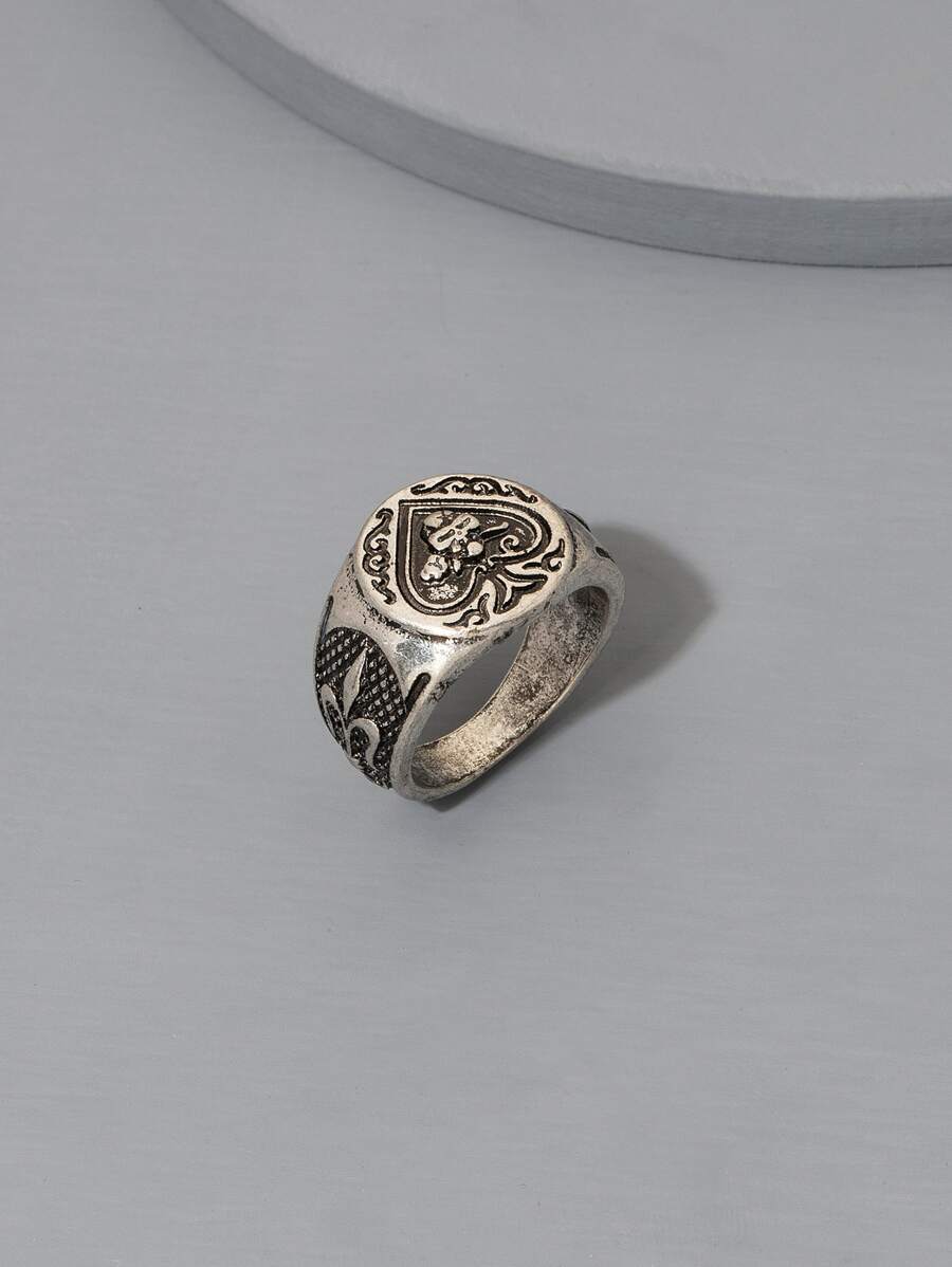 Fashionable And Popular Men Heart & Skull Decor Ring Alloy For Jewelry Gift And For A Stylish Look Valentines,Mom,Mother,Mother's Day,Gift - Antique Silver - View 1