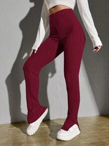 SHEIN EZwear 條紋針織下擺開叉長褲 - 酒紅色 - 查看 1
