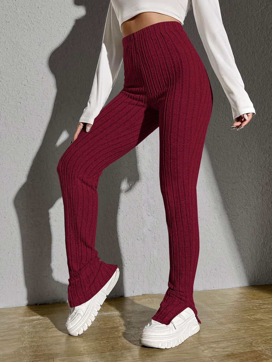 SHEIN EZwear 條紋針織下擺開叉長褲 - 酒紅色 - 查看 1