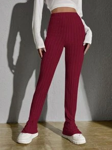 SHEIN EZwear 條紋針織下擺開叉長褲 - 酒紅色 - 查看 3